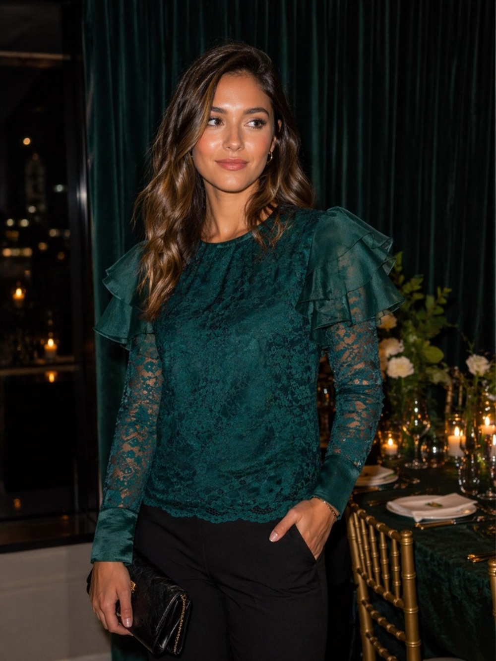 Rachel Parcell Top Green Lace Flutter Sleeve Blouse NWT